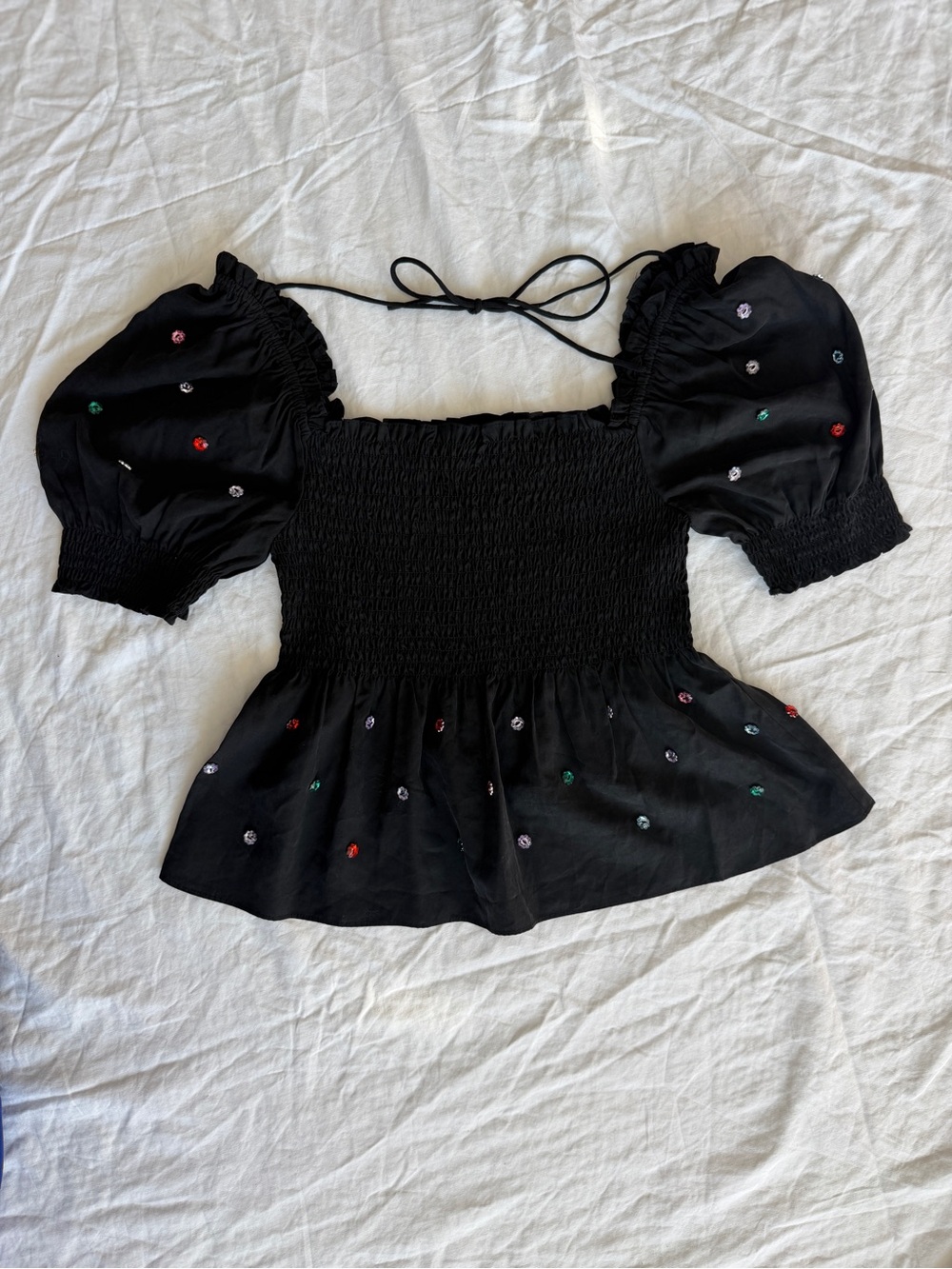 Embellished Hill House Black Smocked Puff-Sleeve Peplum Top Size XS